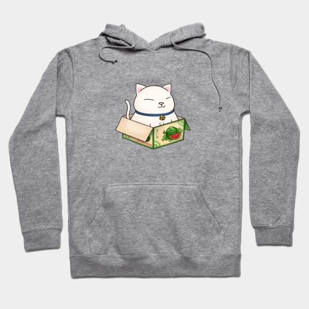 White Chubby Cat in Watermelon Box Hoodie by Takeda_Art